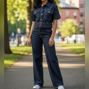 Vintage Plus Size 2 pc. Cropped Top Wide Leg Dark Wash Denim Jean Set  S…